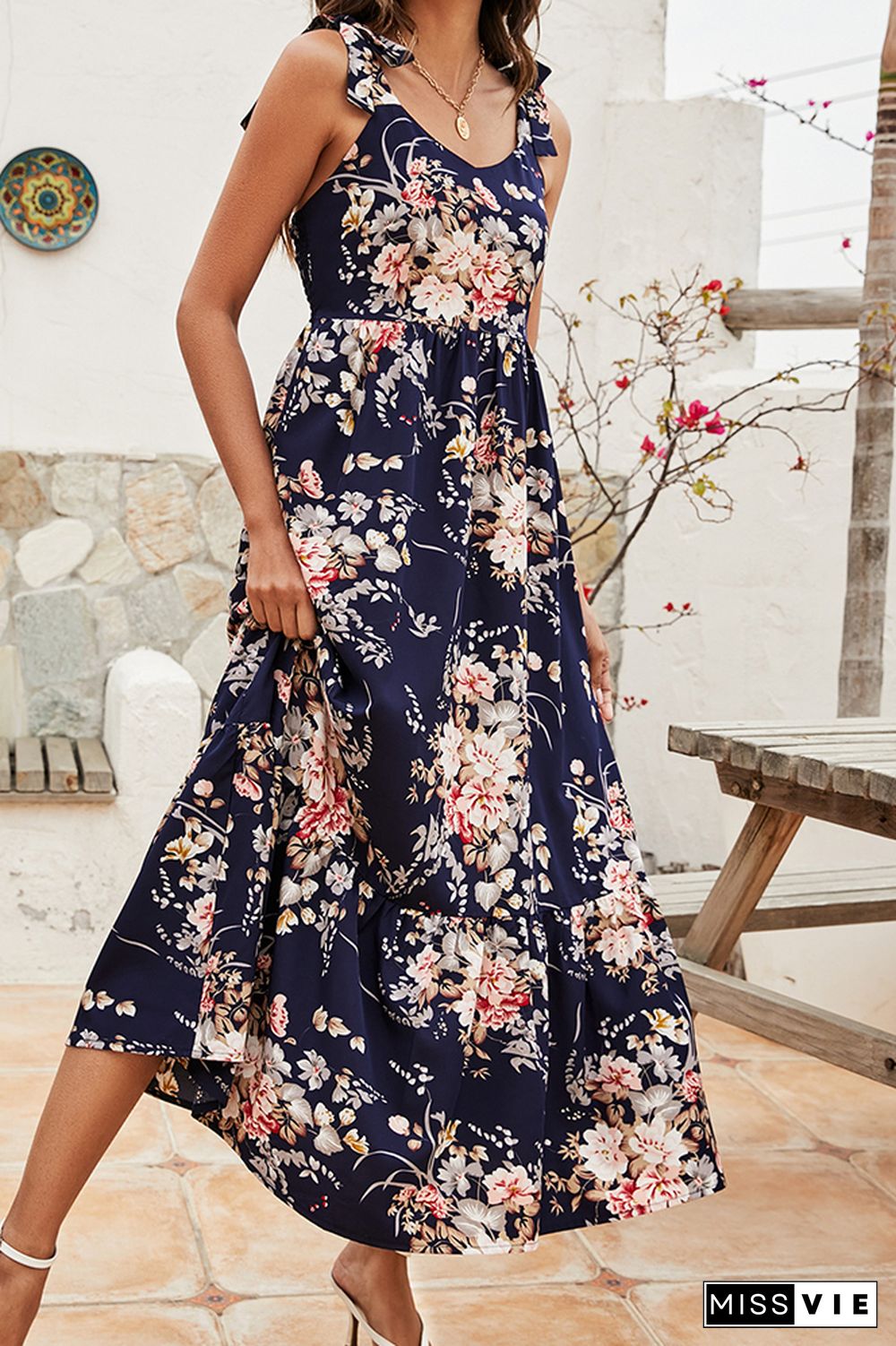 Floral Print V-neck Sleeveless Lace-up Dress Wholesale