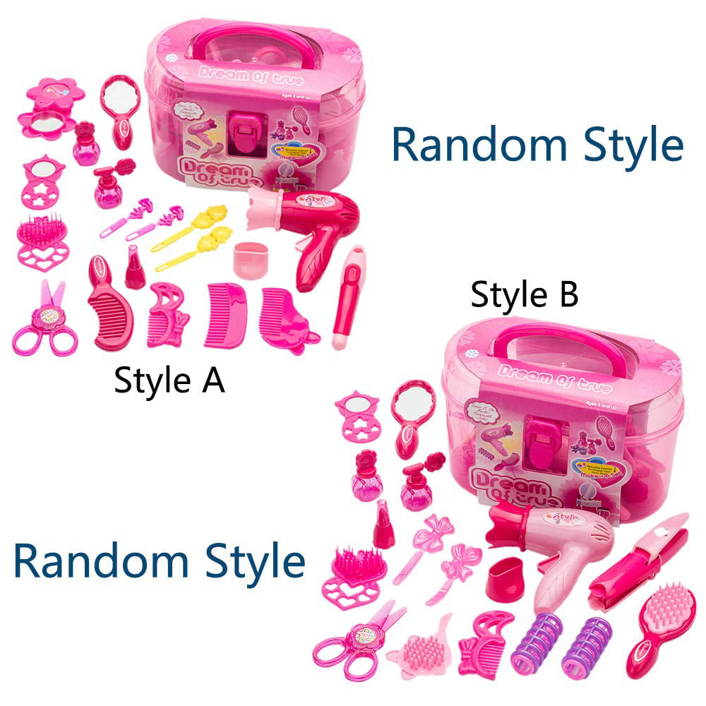 Kids Beauty Salon Set Toys Little Girl Makeup Kit Pretend Play Hair Station with Case， Hairdryer， Brush，Mirror and Styling(17pcs) Toy for little girl 1 2 3 4 Years Old