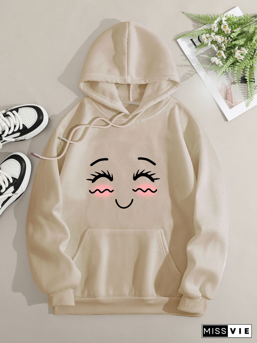 Printed on front Kangaroo Pocket Hoodie Long Sleeve for Women Pattern Smiley face