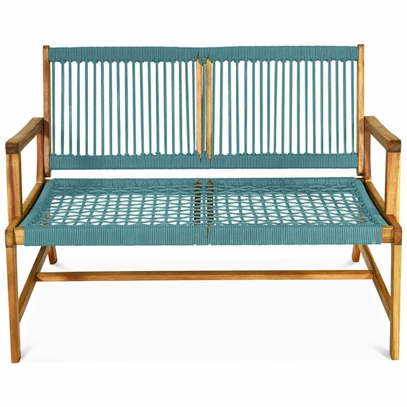 2-Person Acacia Wood Rope Bench Loveseat Chair, Outdoor Patio Garden Park Bench in Teak Oil Finish