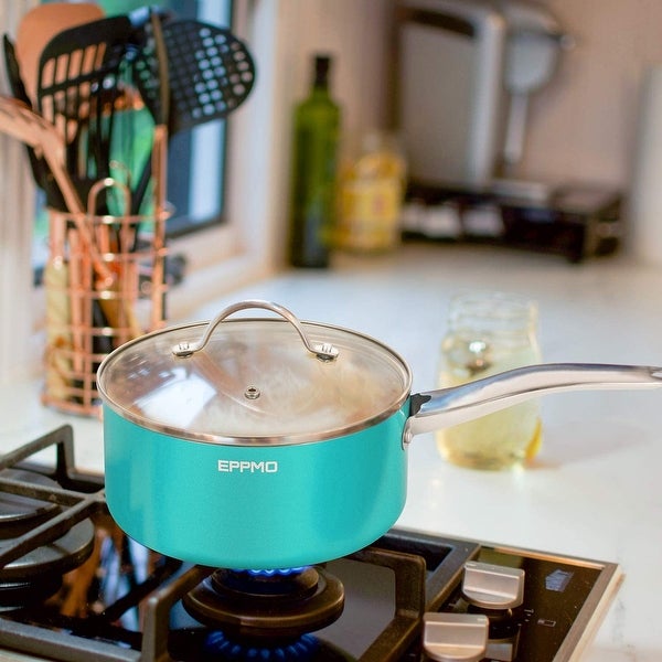 2.9 qt. Ceramic Aluminum Nonstick Sauce Pan in Blue with Lid