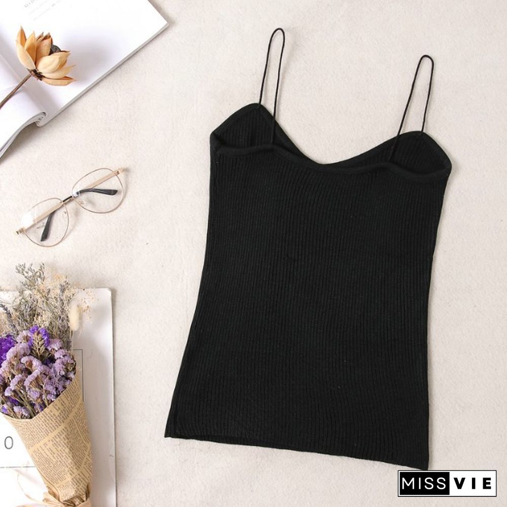 Women Knitted Tank Tops Sexy Spaghetti Strap Stretch Cropped Tops Striped Knit Camisole One Size Hot Sale Wdc4755