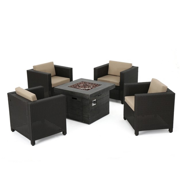 Puerta 5pc All weather Wicker Patio Club Chairs With Firepit Brown gray Christopher Knight Home