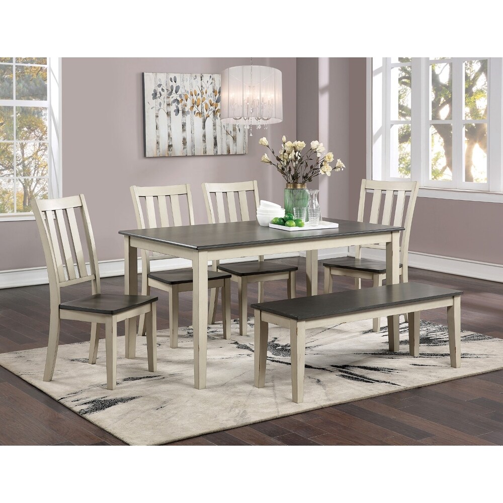 Modern Farmhouse 6 Piece Dining Set with Rectangular Dining Table and Bench   Slat Back Dining Chairs  for Dining Room