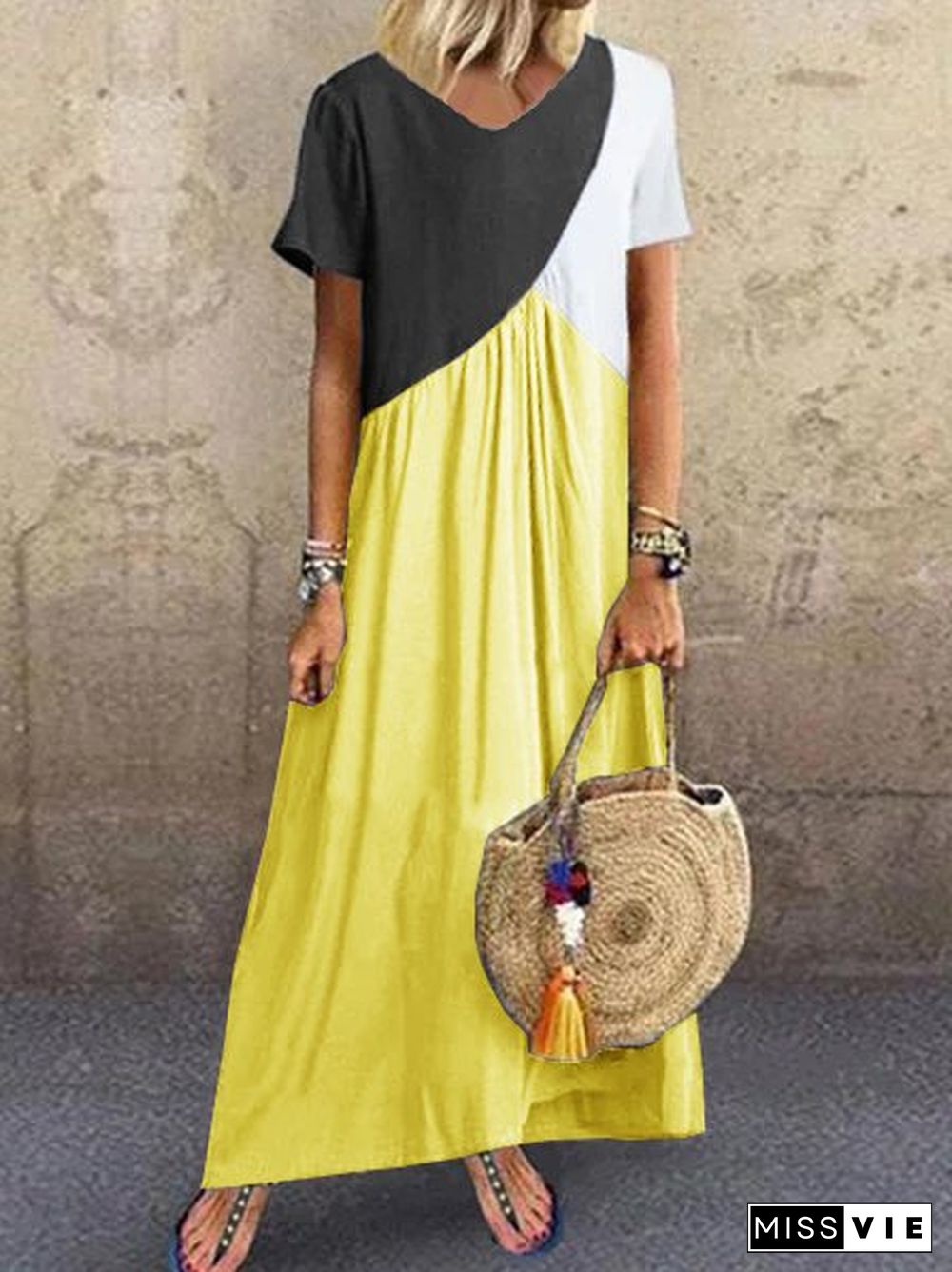 Women Casual Solid Color Cotton V Neck Plus Size Maxi Dresses