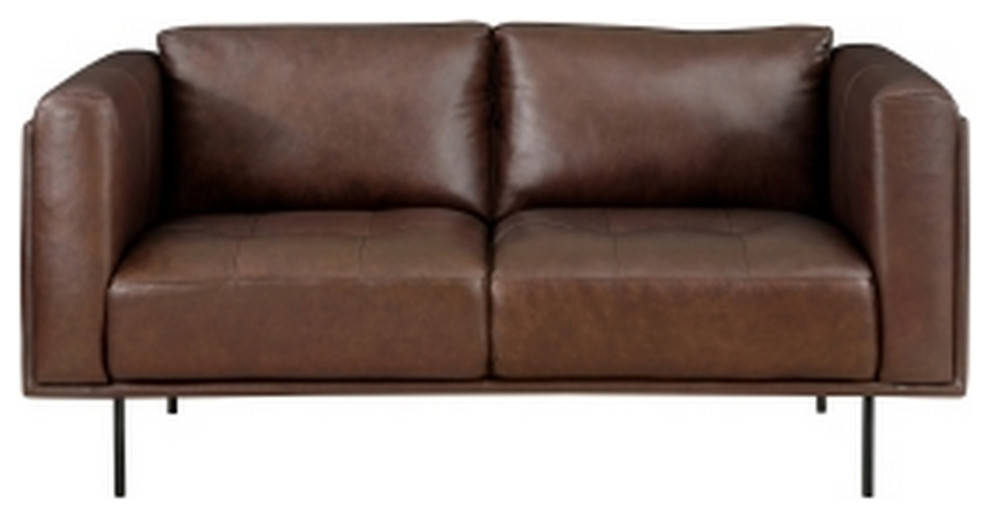 Sen 63 quotLow Back Tufted Loveseat  Brown Top Grain Leather  Metal Legs   Midcentury   Loveseats   by VirVentures  Houzz