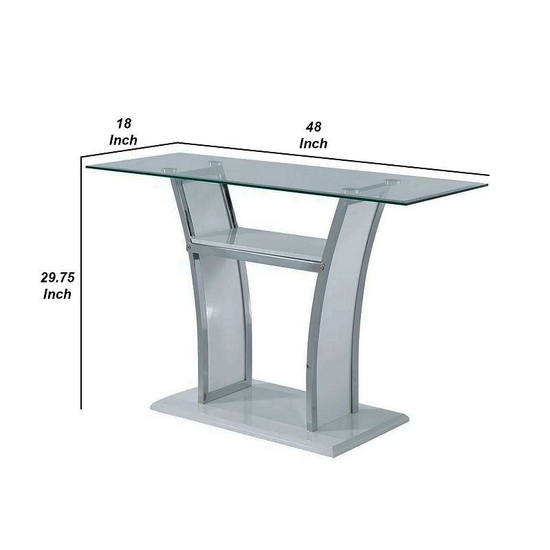 Sofa Table with Chrome Trimmed Curved Sides and Open Bottom Shelf， White