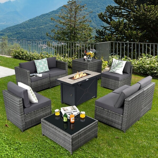 Gymax 9 PCS Patio Rattan Furniture Set Fire Pit Table Storage Black W/