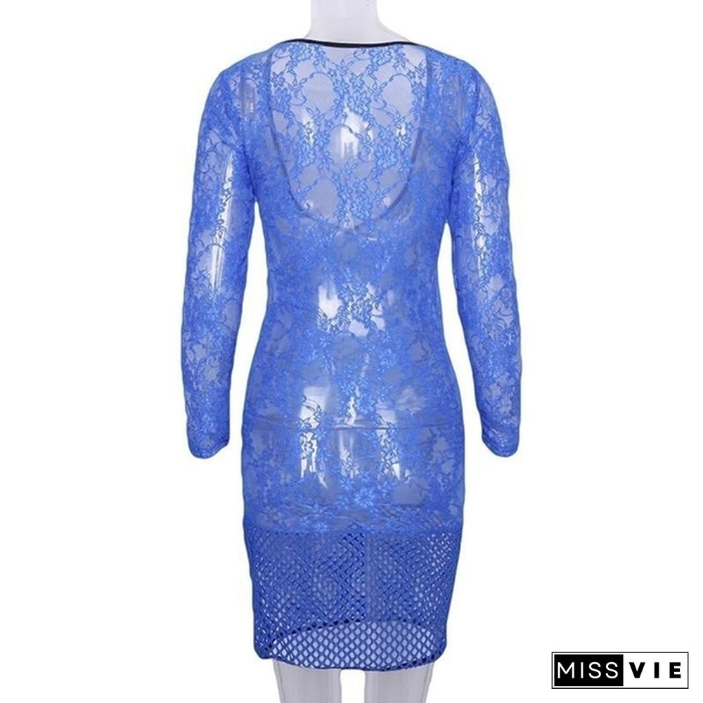 Women Deep V-neck Long Sleeve Lace Floral Dress Mini Bodycon Dress