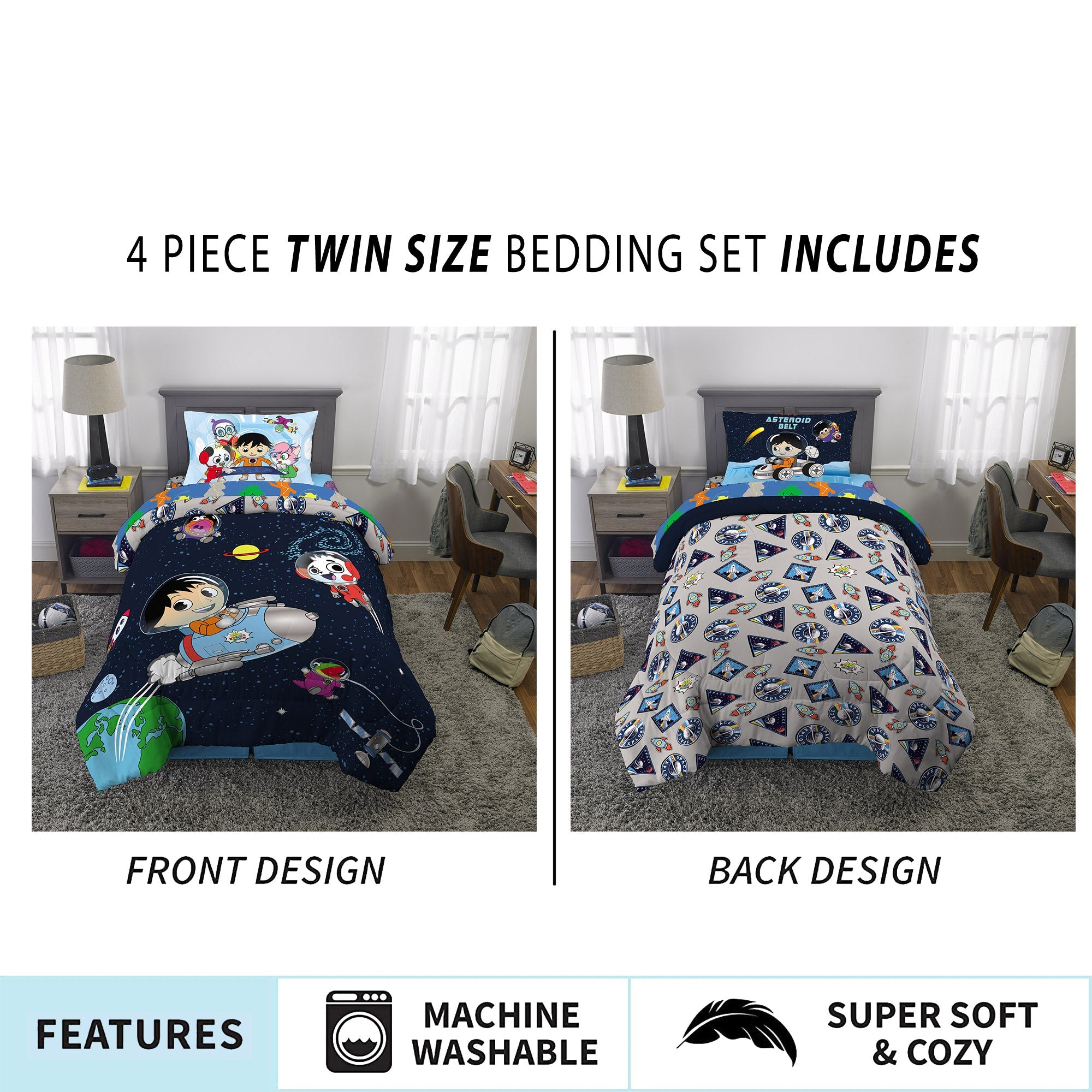 Ryan's World Kids Red Titan Twin Bed in a Bag, Comforter and Sheets, Blue, Pocketwatch