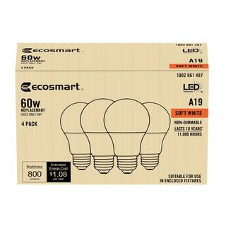 EcoSmart 60-Watt Equivalent A19 Non-Dimmable LED Light Bulb Soft White (4-Pack) B7A19A60WUL14