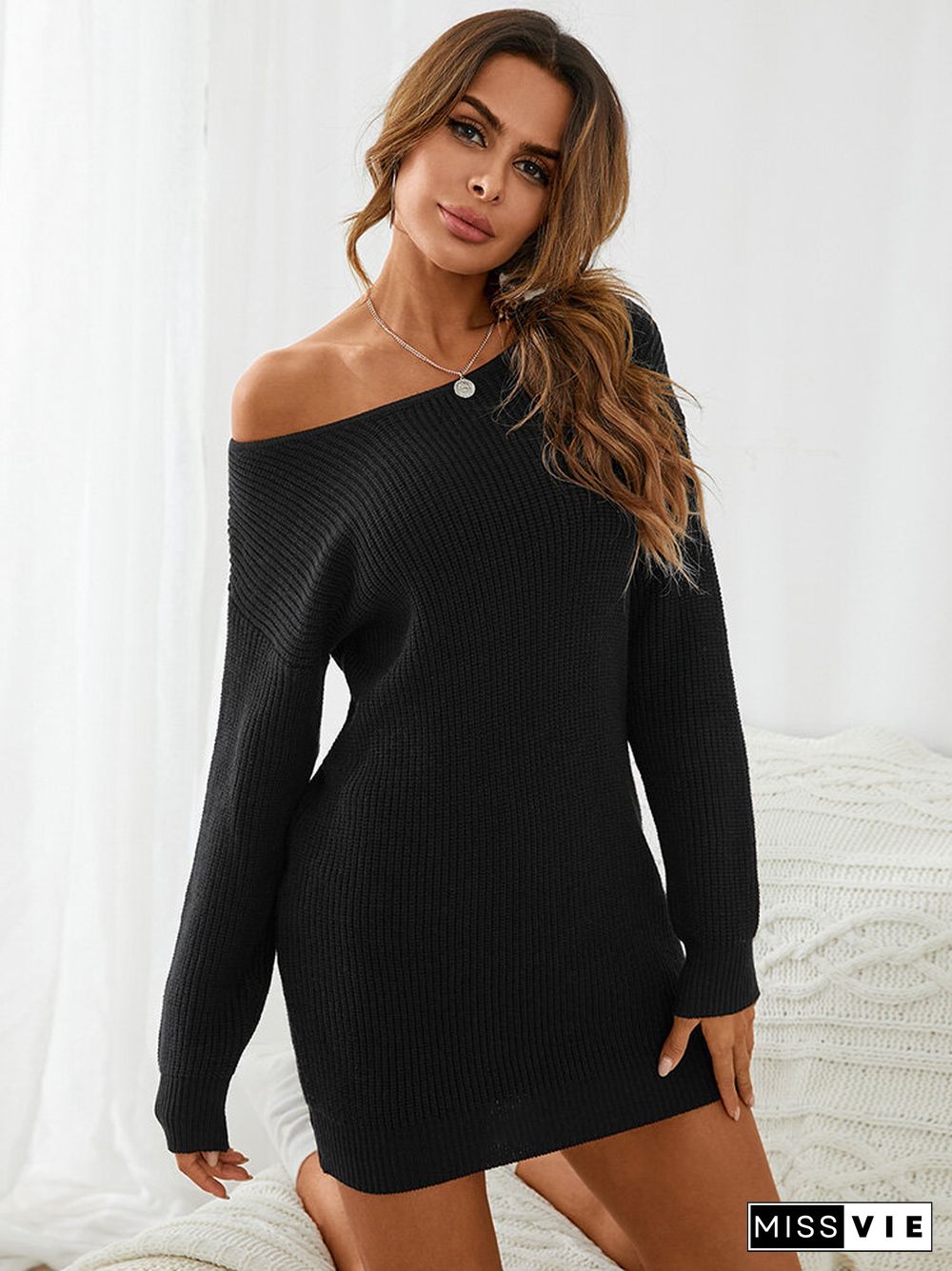 Solid Long Sleeve Crew Neck Casual Sweater Dress