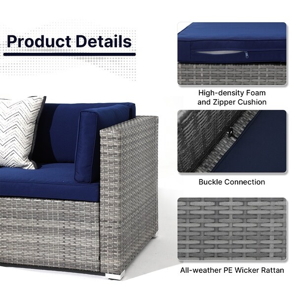 Grey 8Piece Wicker Patio Furniture Set Navy Blue Cushions with Black 45” 50000 BTU Propane Fire Pit Table