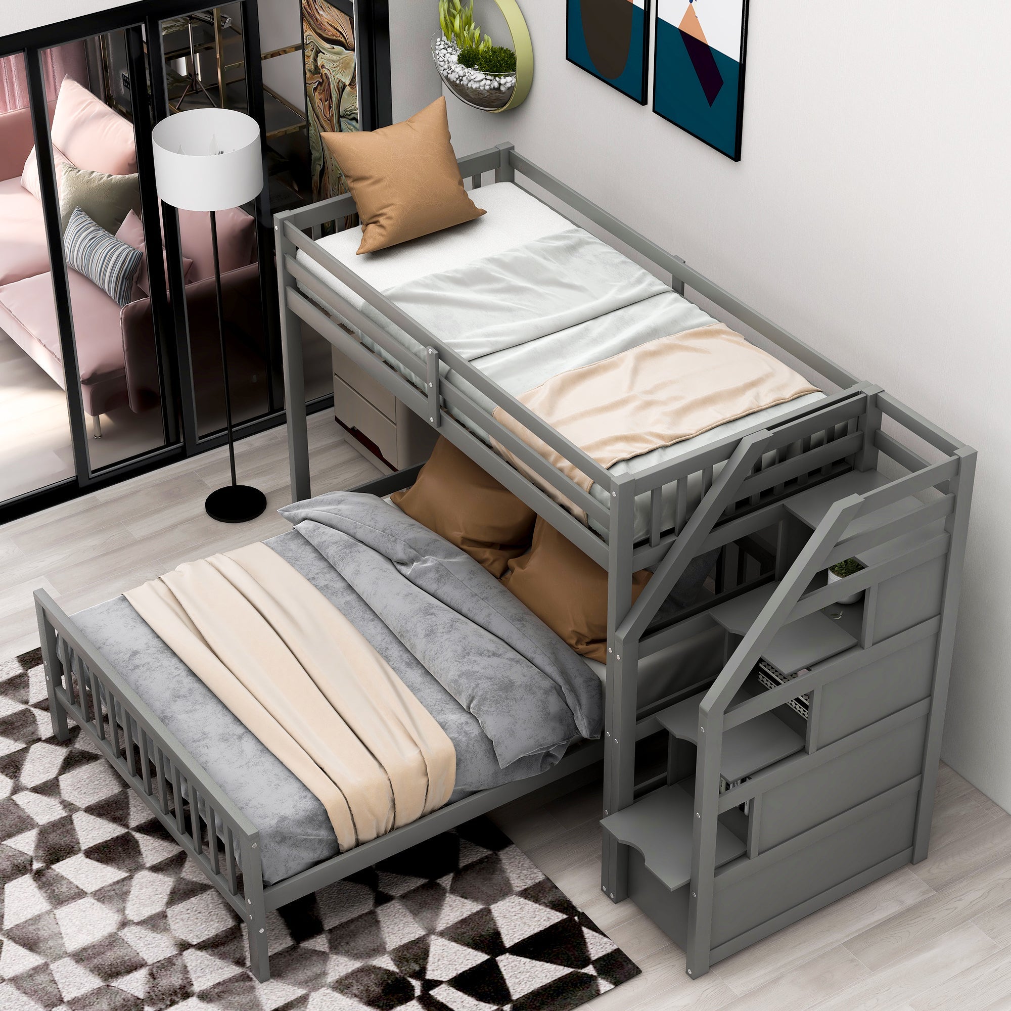 Euroco Wood Stairway Twin Loft Bed with Full Platform and Drawer for Kids