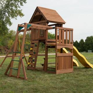 Swing-N-Slide Playsets Timberview Ready-To-Assemble Wooden Outdoor Playset with 2 Slides Monkey Bars Swings and Swing Set Accessories WS 8356