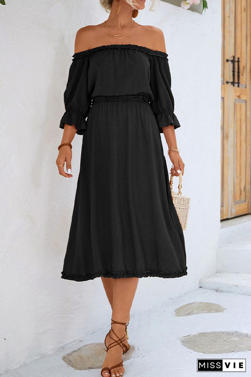 Off Shoulder Ruffles High Waist Midi Dress