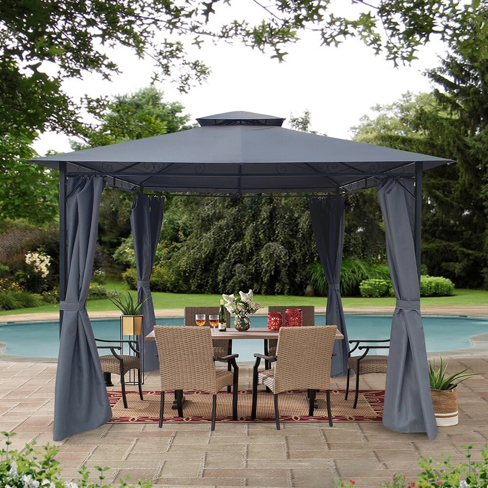 Outdoor Patio Garden Gazebo Tent With Curtains  Gray