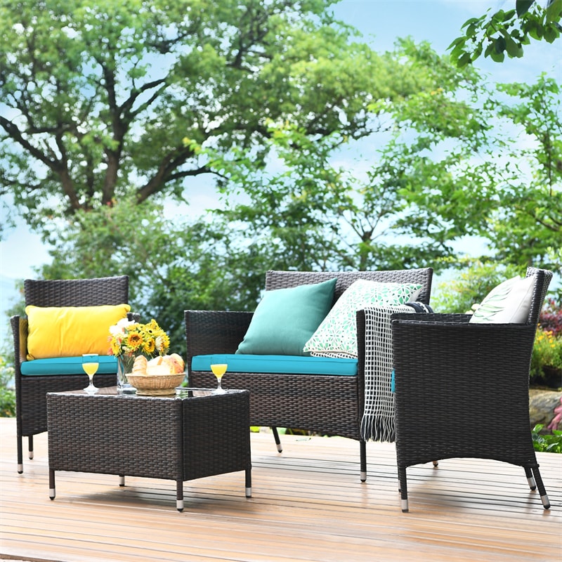 4 Pcs Rattan Wicker Patio Conversation Sets with Loveseat, Single Sofas, Coffe Table, Outdoor Bistro Set