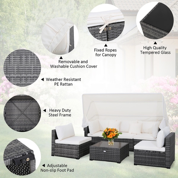 6 PCS Patio Furniture Set Conversation Set with Retractable Canopy