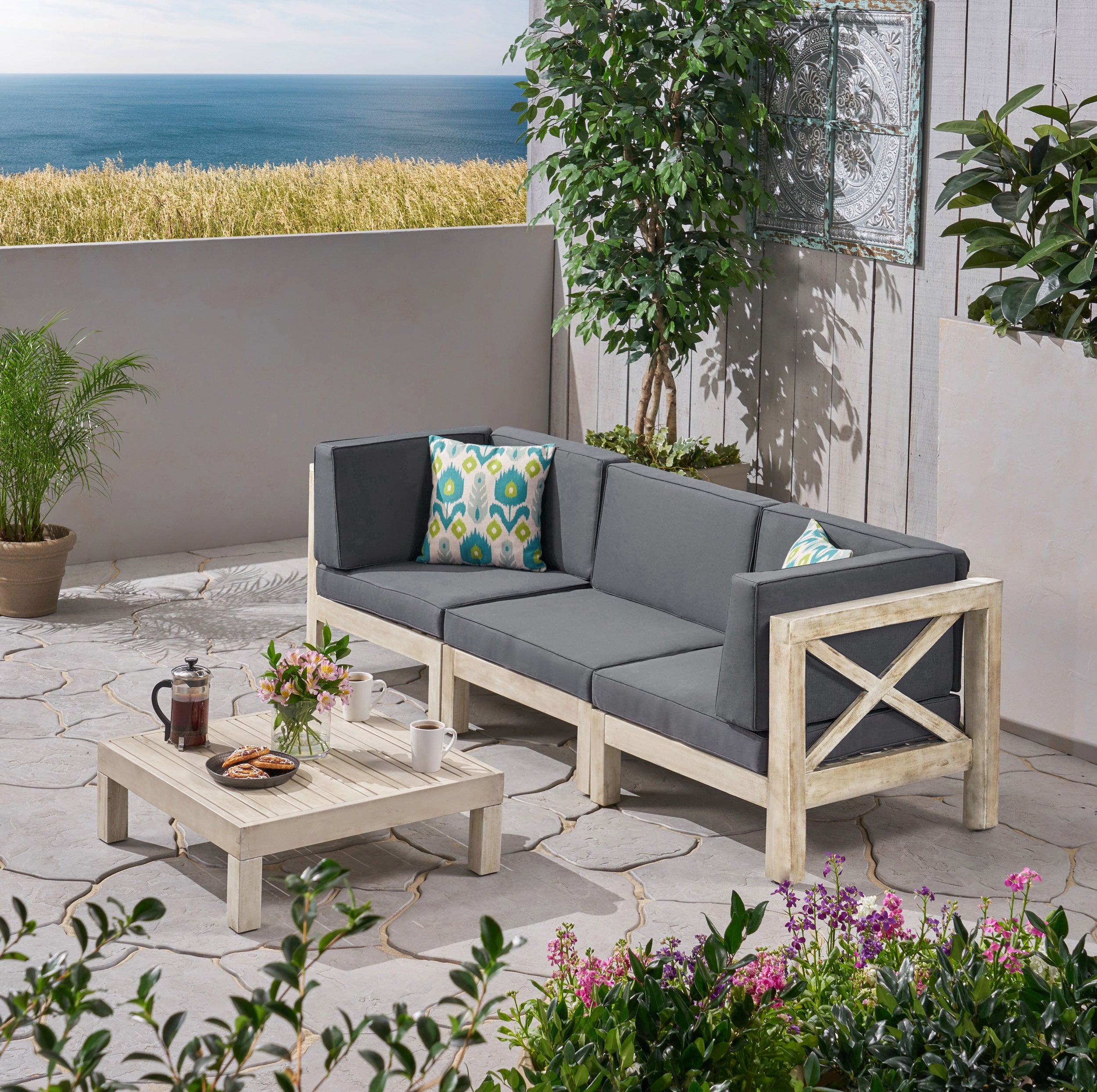 Brava Outdoor Modular Acacia Wood Sofa and Coffee Table Set with Cushions