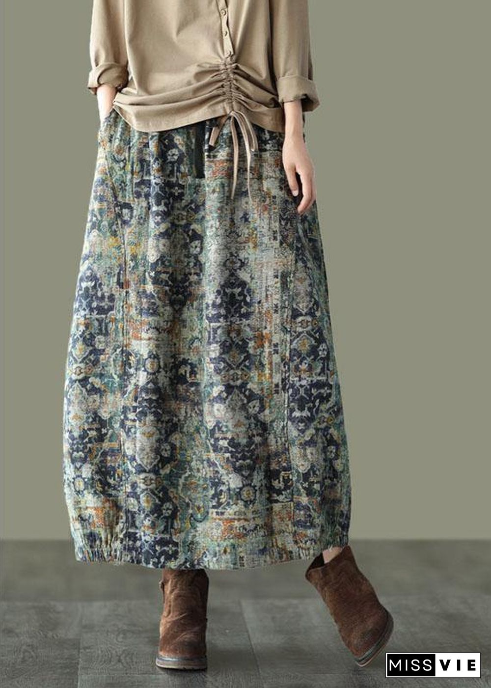 Plus Size Grey Purple Retro Print A Line Pockets Fall Skirts