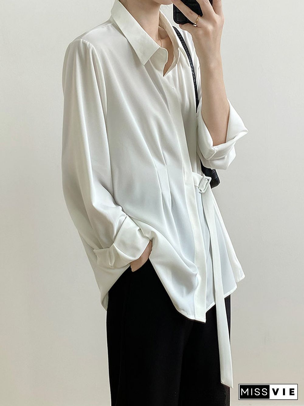 Office Loose Long Sleeves Lace-Up Solid Color Lapel Blouses