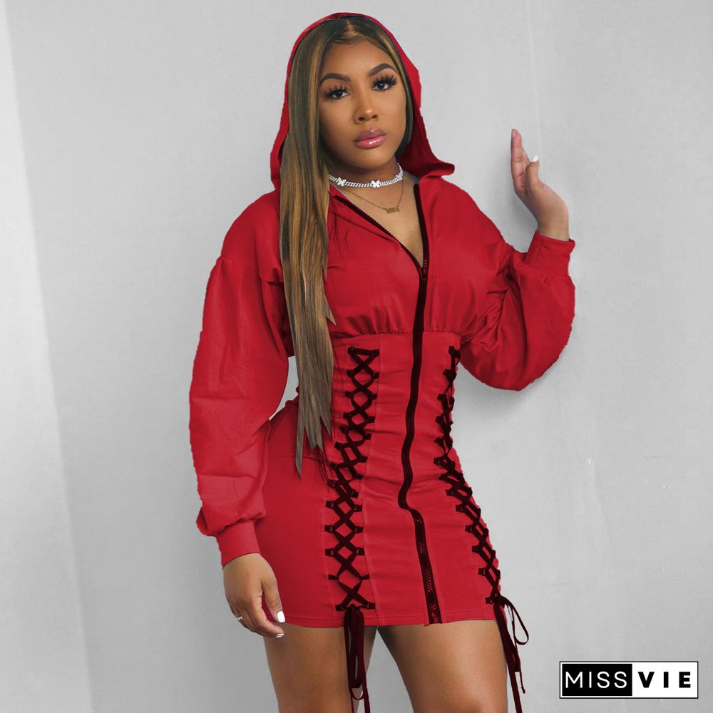 Solid Hooded Bandage Zipper Sweatshirt Dress