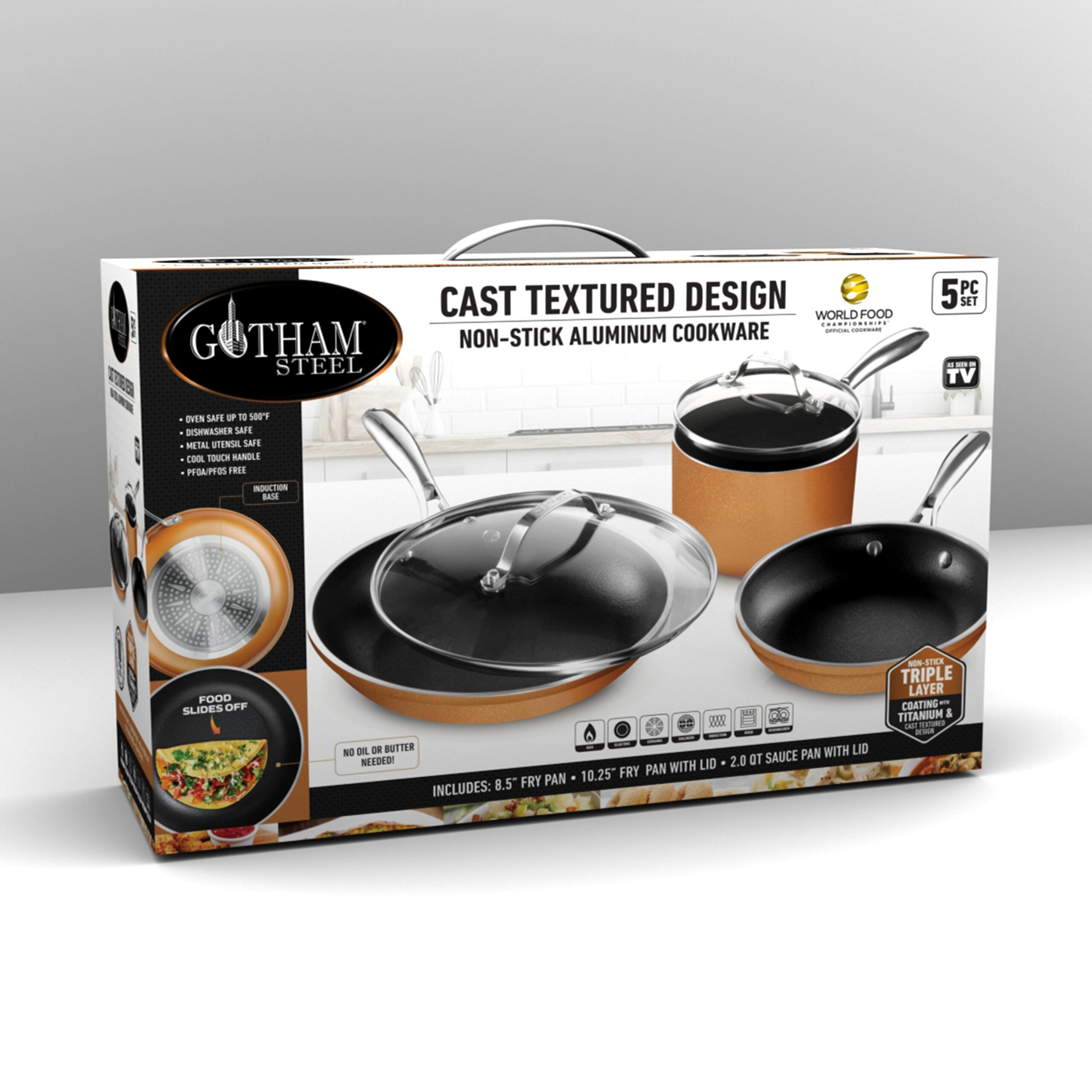 Steel Copper Cast 5 Piece Cookware Set Non-Stick Pots and Pans Set Dishwasher & Oven Safe