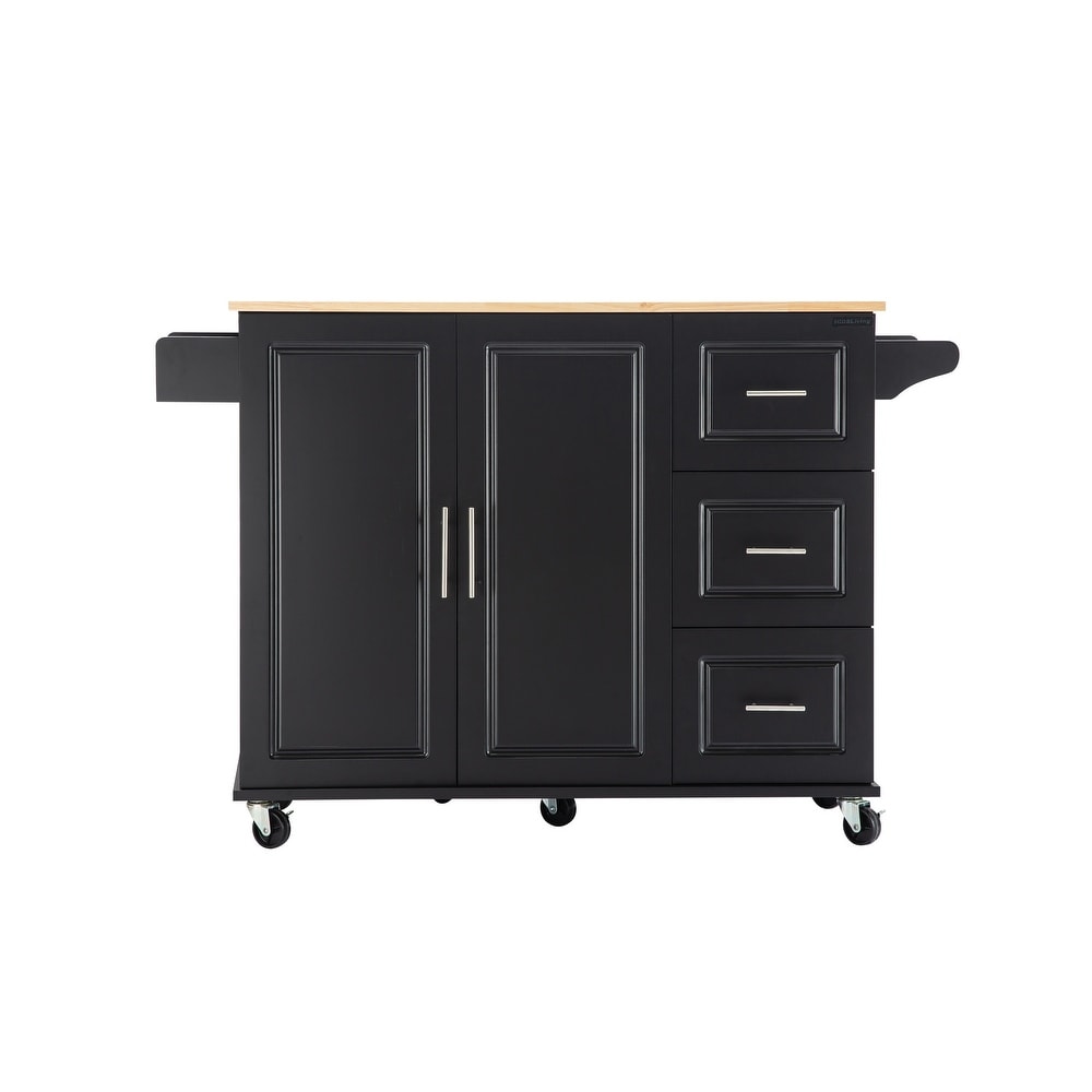 Kitchen Island with Extensible Rubber Wood Table Top Kitchen Cart with Storage Cabinet   Drawers for Dinning Room Black