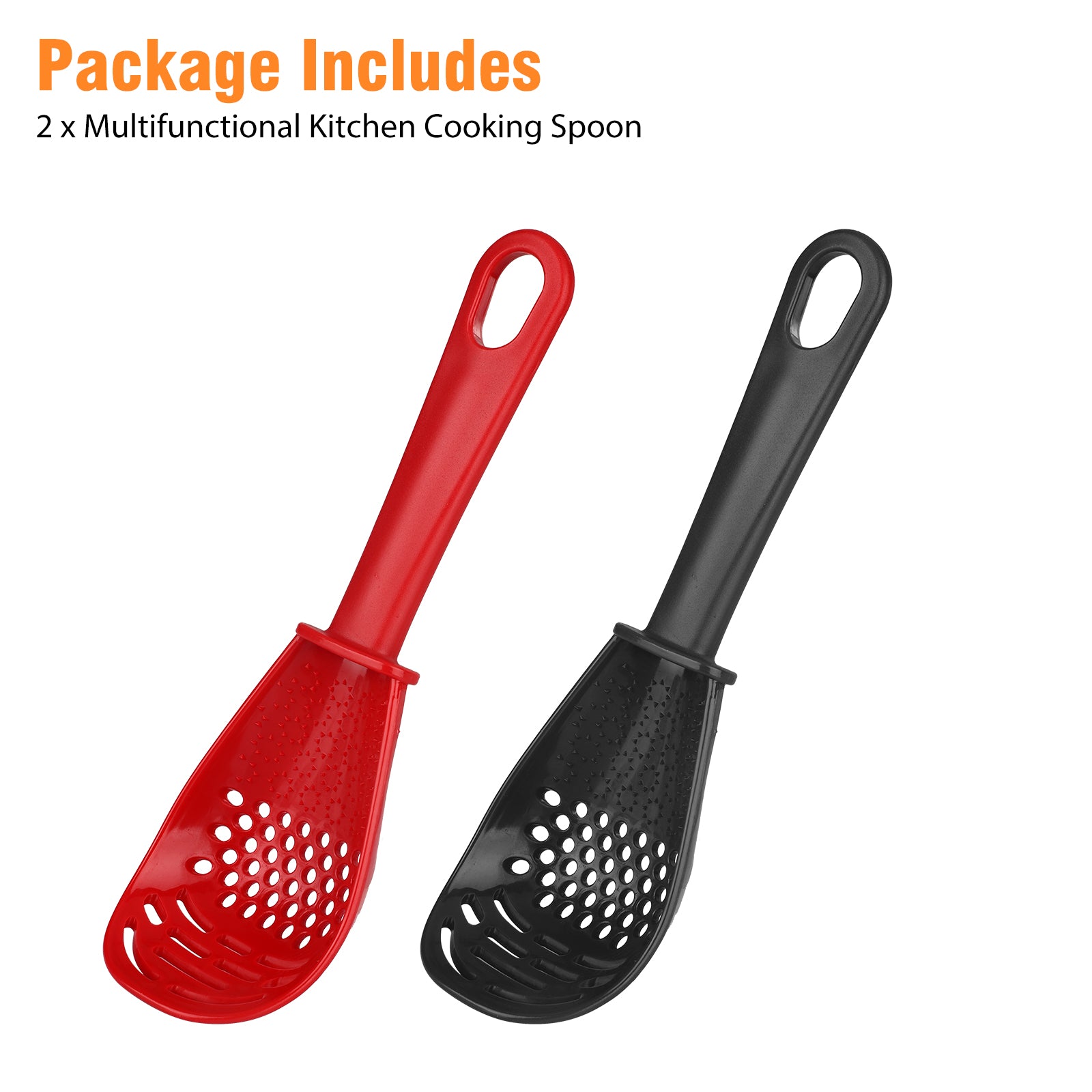 2pcs Multifunctional Cooking Spoon Strainers, TSV Strainers for Kitchen Tools Small Silicone Spatula Spoon, Skimmer Scoop Colander Strainer Grater Masher (Red and Black)