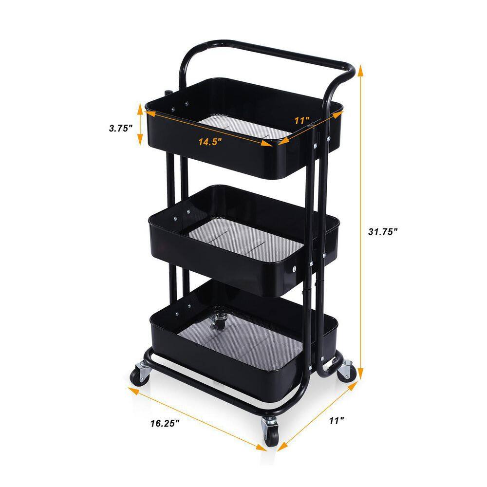 YOFE Heavy Duty Steel 3-Tier Rolling Cart with Wheels  Handle Home Office Storage Cart Utility Cart in Black CamyBK-GIFNCART171333B-cart01