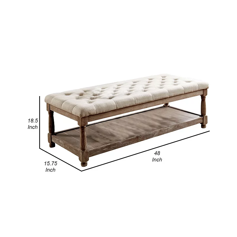 Button Tufted Fabric Upholstered Bench with Bottom Shelf， Beige and Brown