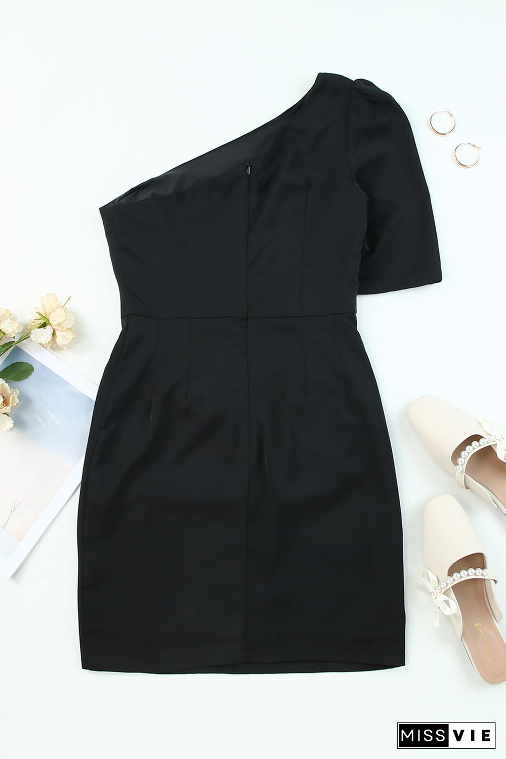 Black Single Long Sleeve Ruched Bodycon Dress