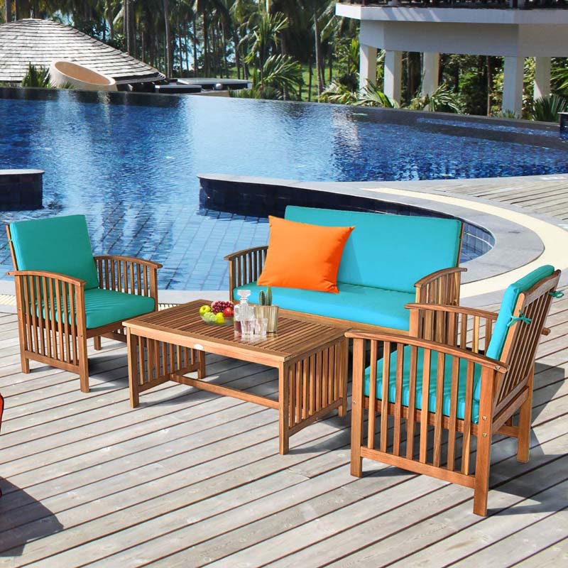 4 Pcs Outdoor Acacia Wood Sofa Set Patio Conversation Furniture Set with Cushions & Coffee Table