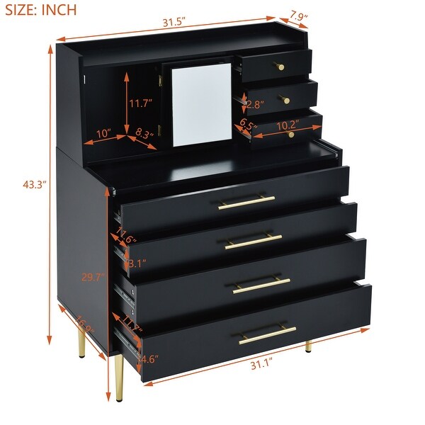 Modern Vanity Makeup Table with Mirror and Retractable Table， Storage Dresser with 7 Drawers and Hidden Storage for Bedroom - - 37828151