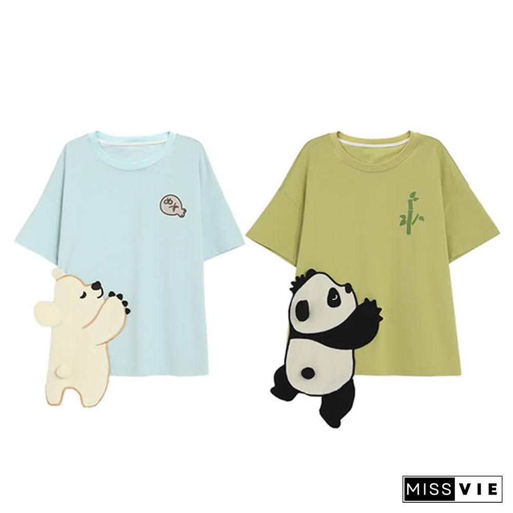 Cartoon Panda Bear Embroidery Matching Best Friends T-Shirt