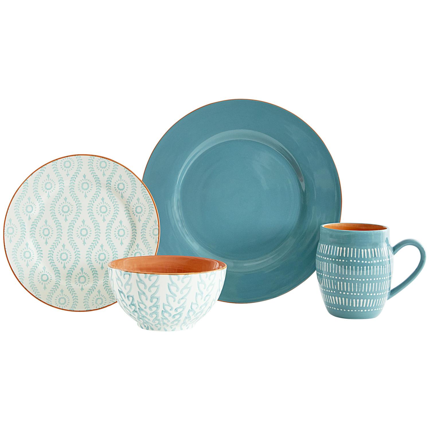 Ankara 16 Piece Stoneware Dinnerware Set， Turquoise