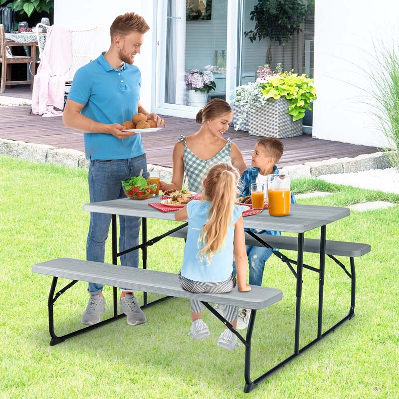 4-Person Folding Picnic Table Bench Set with Wood-like Texture & Metal Frame, Portable Outdoor Camping Dining Table Set