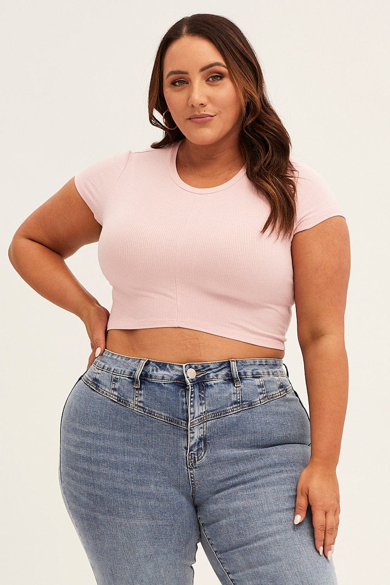 Pink Short Sleeve Pink Crop Rib Jersey Top