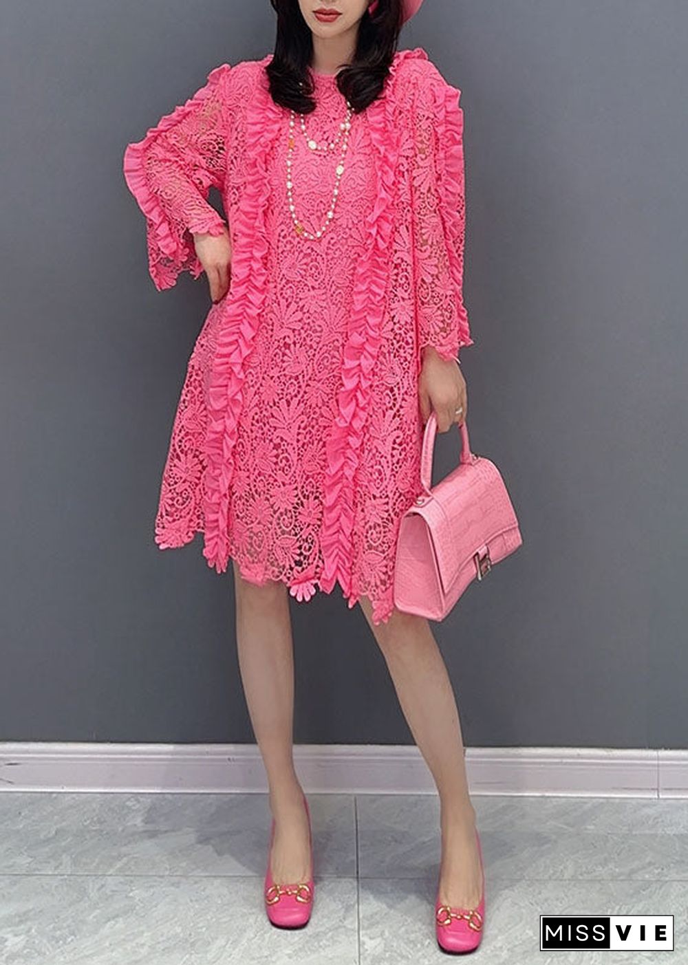 Classy Rose Ruffled Hollow Out Patchwork Lace Mid Dress Summer