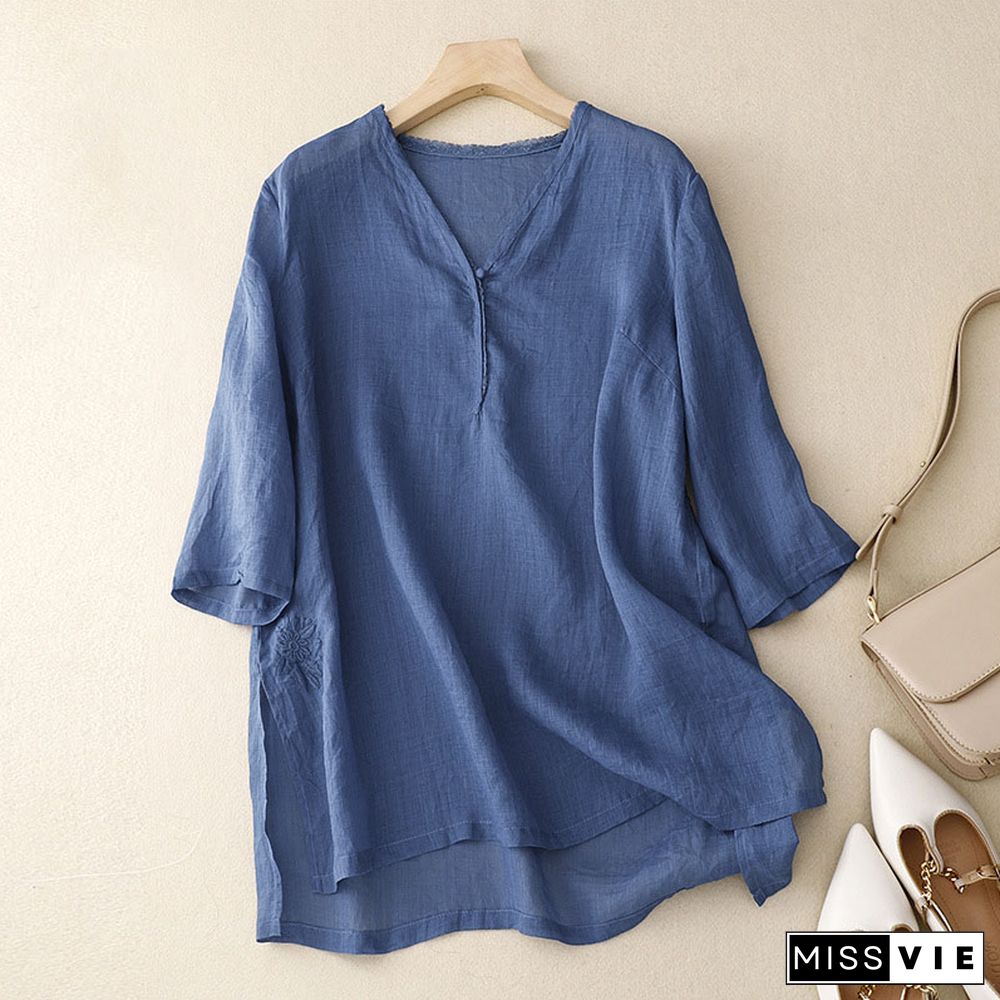 Retro Simple Solid Color V -neck Shirt