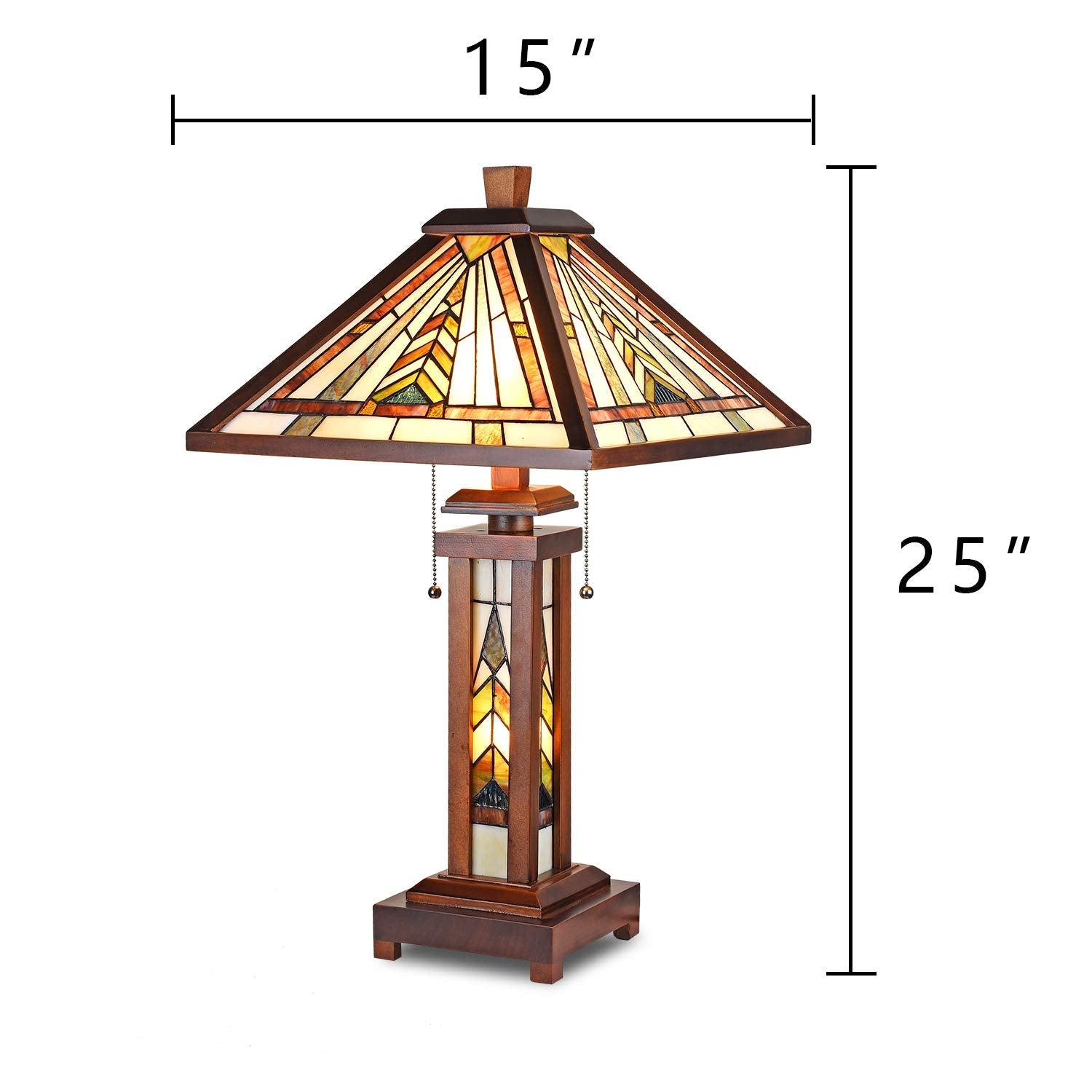 Vinplus Tiffany Table Lamp Night Light 16" Wide Handmade Stained Glass Lamp Shade 3 Light Wooden Frame Mission Style Vintage Table Lamp