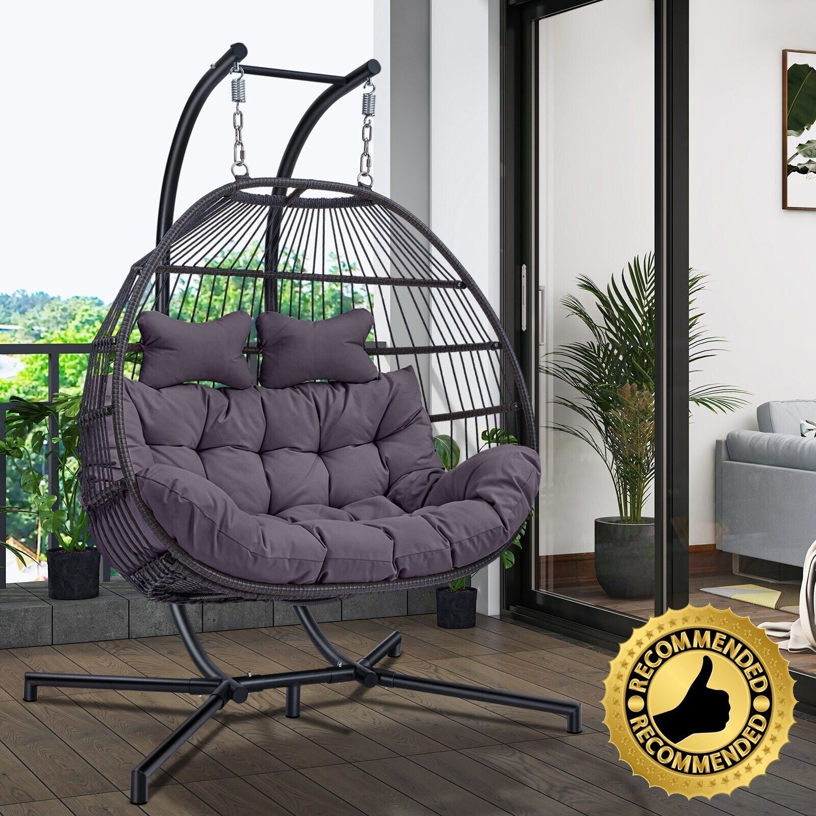 Premium 2-Seater Hanging Patio Egg Swing Cushion Chair With Stand