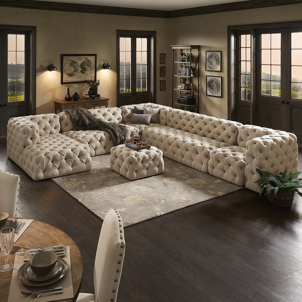 Knightsbridge II Beige Linen Tufted Chesterfield Modular U Shape with Chaise Sectional by iNSPIRE Q Artisan