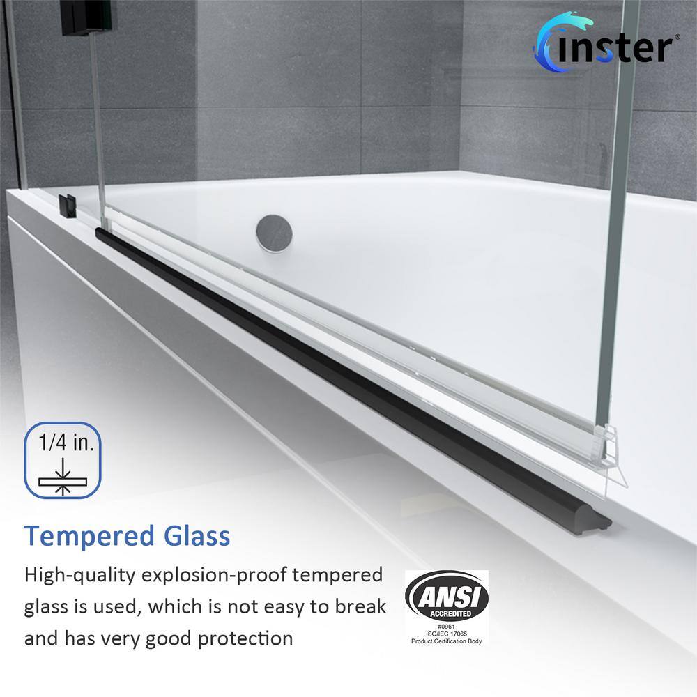 INSTER VENUS 48 in. W x 58 in. H Pivot Frameless Tub Door in Black Hinges with Clear Glass (Include Fixed Panel) HDBTYNSD0012