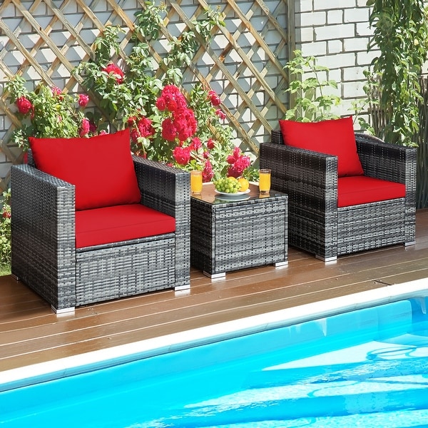 Gymax 3PCS Rattan Patio Conversation Furniture Set Outdoor Yard w/ Red