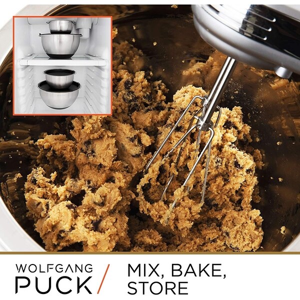 Wolfgang Puck 12-Piece Stainless Steel Mixing Bowl Set， Silicone Grip Bottom， Multifunction Lid with 3 Interchangeable Blades