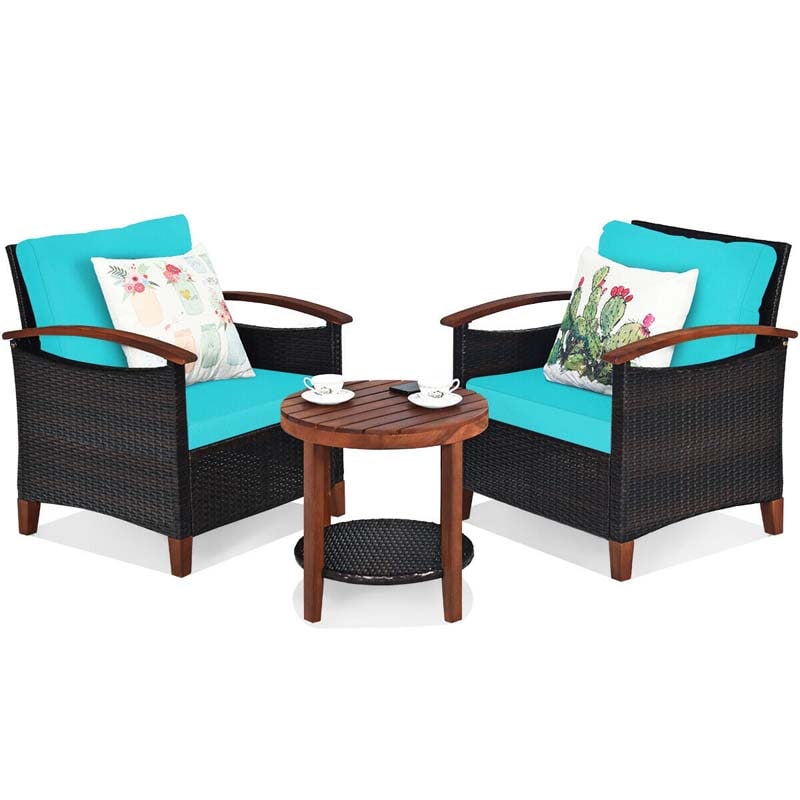 3 Pcs Patio Furniture Set Outdoor Rattan Sofa & Side Table Conversation Bistro Set with Acacia Wood Frame