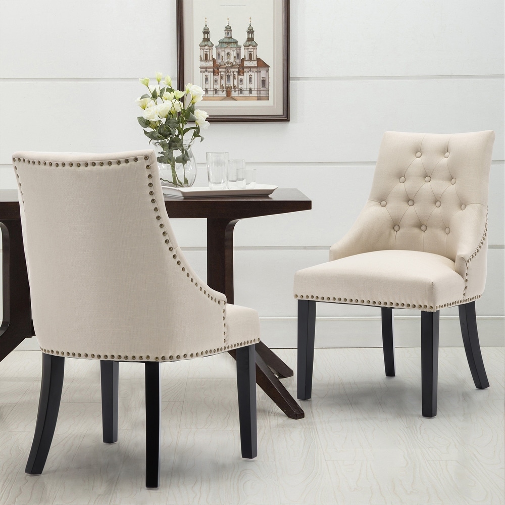 Fabric Upholstered Dining Chairs Button Tufted Nailhead Trim Accent Chairs Set of 2