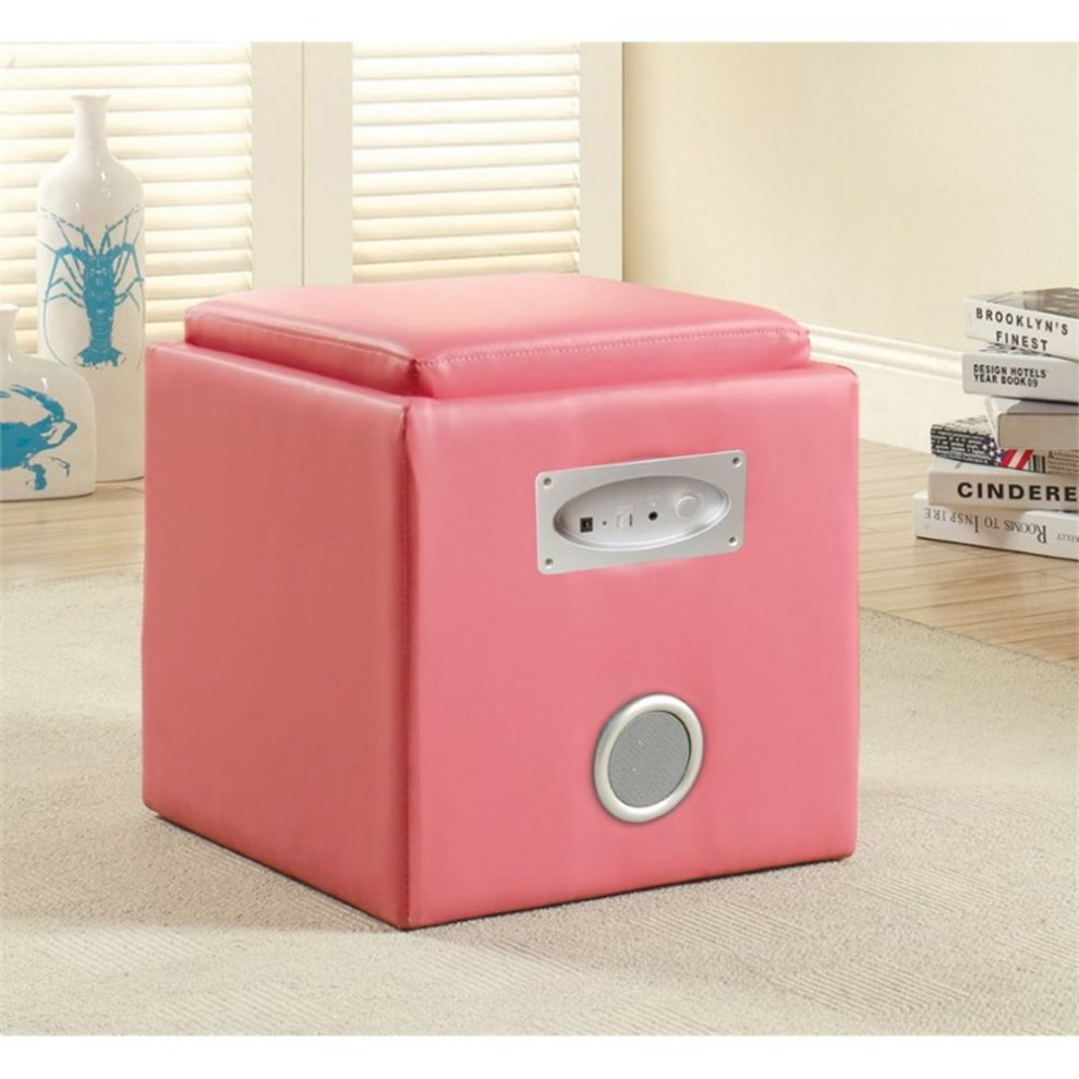 Bowery Hill Faux Leather Square Speaker Ottoman in Pink Finish   Contemporary   Footstools And Ottomans   by Homesquare  Houzz